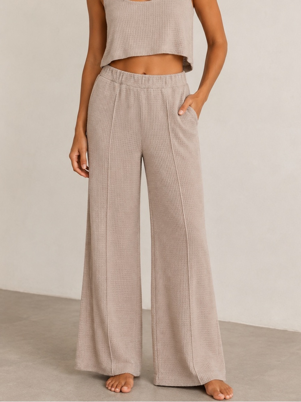 Wide-Leg Knit Palazzo Pants Beige Lounge Pants